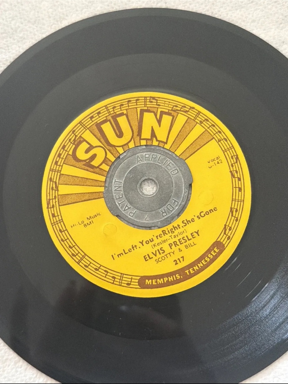 Sun Records Elvis Presley Yellow Label 45 RPM Vinyl